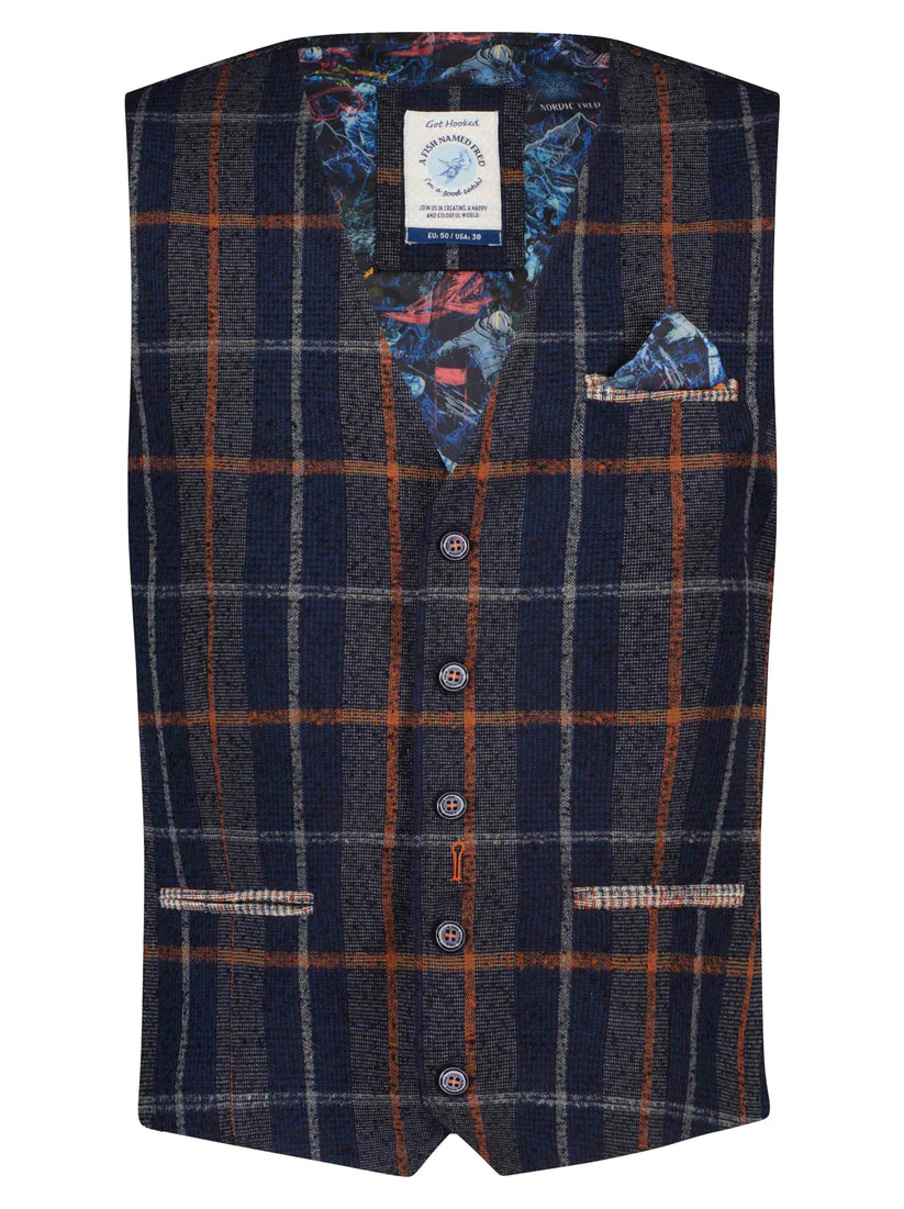 A Fish Named Fred Waistcoat | Navy Orange Check