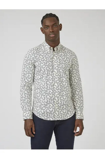 Ben Sherman Geo Print L/S Shirt | Ivory or Black