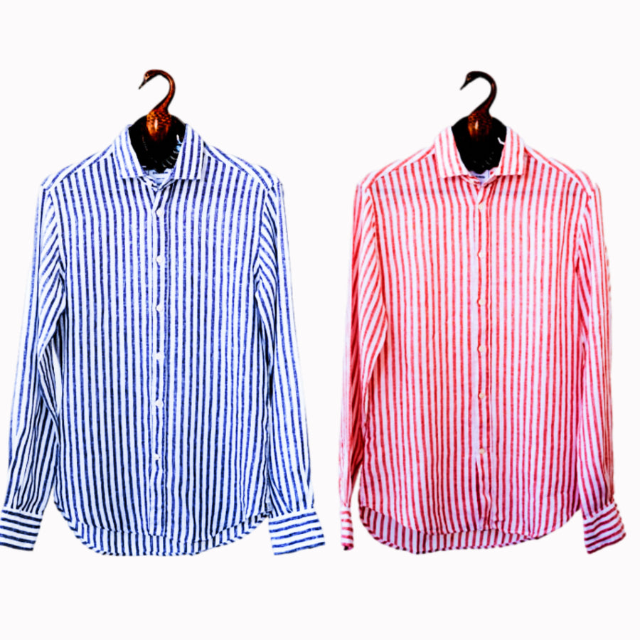 Osvaldo Trucchi Linen Stripe L/S Shirt | Blue or Red